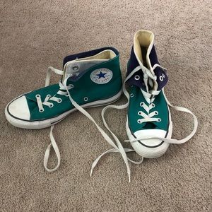 Teal and purple high top Converse
